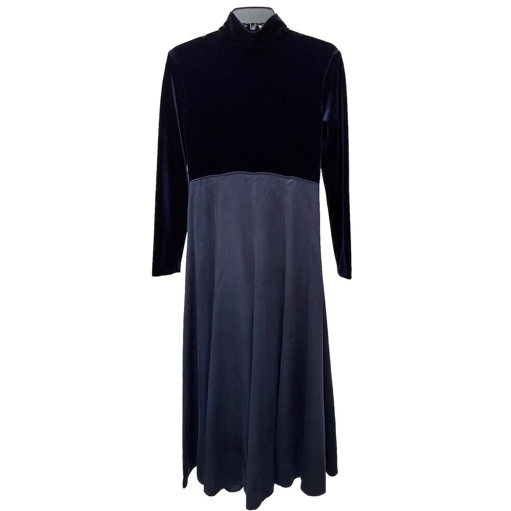 Isabella Bird Navy Silk Velvet Bodice Dress Pullover Long Midi Mock Neck Sz 6P